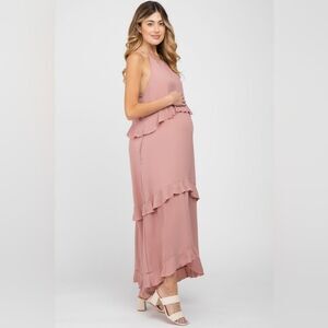 Pinkblush Haptics Pink Halter Neck Ruffle Accent Maternity Maxi Dress Small